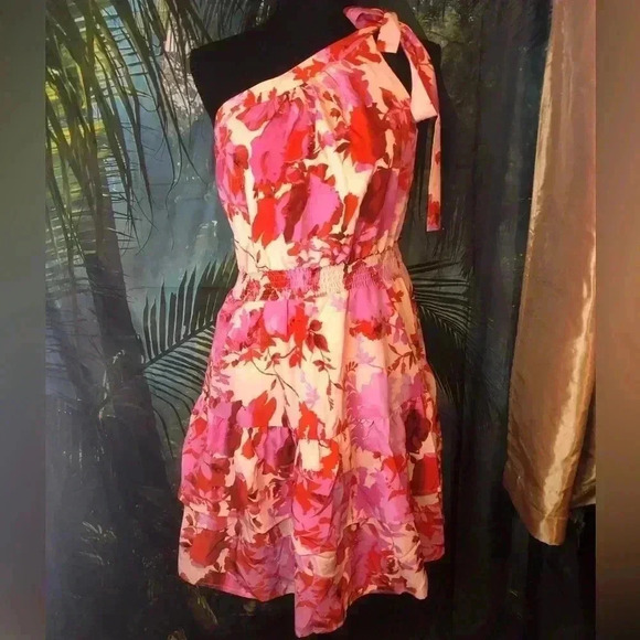 Pink and Red Floral Tie Front One Shoulder Knee-Length Sundress - Picture 1 of 12